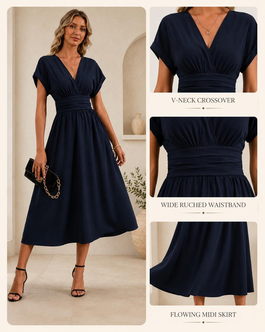 Elegant Navy Midi Dress, Minimalist Wedding Guest Dress, V Neck A Line Dress, Classic Feminine Cocktail Dress, Timeless Evening Dress