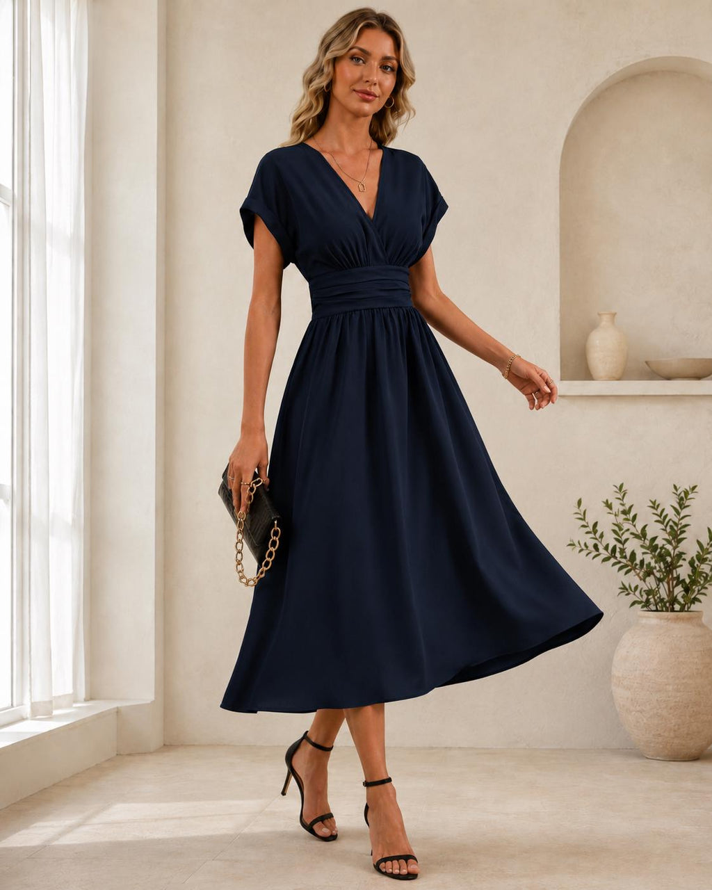 Elegant Navy Midi Dress, Minimalist Wedding Guest Dress, V Neck A Line Dress, Classic Feminine Cocktail Dress, Timeless Evening Dress