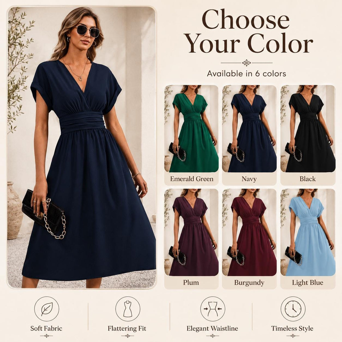 Elegant Navy Midi Dress, Minimalist Wedding Guest Dress, V Neck A Line Dress, Classic Feminine Cocktail Dress, Timeless Evening Dress