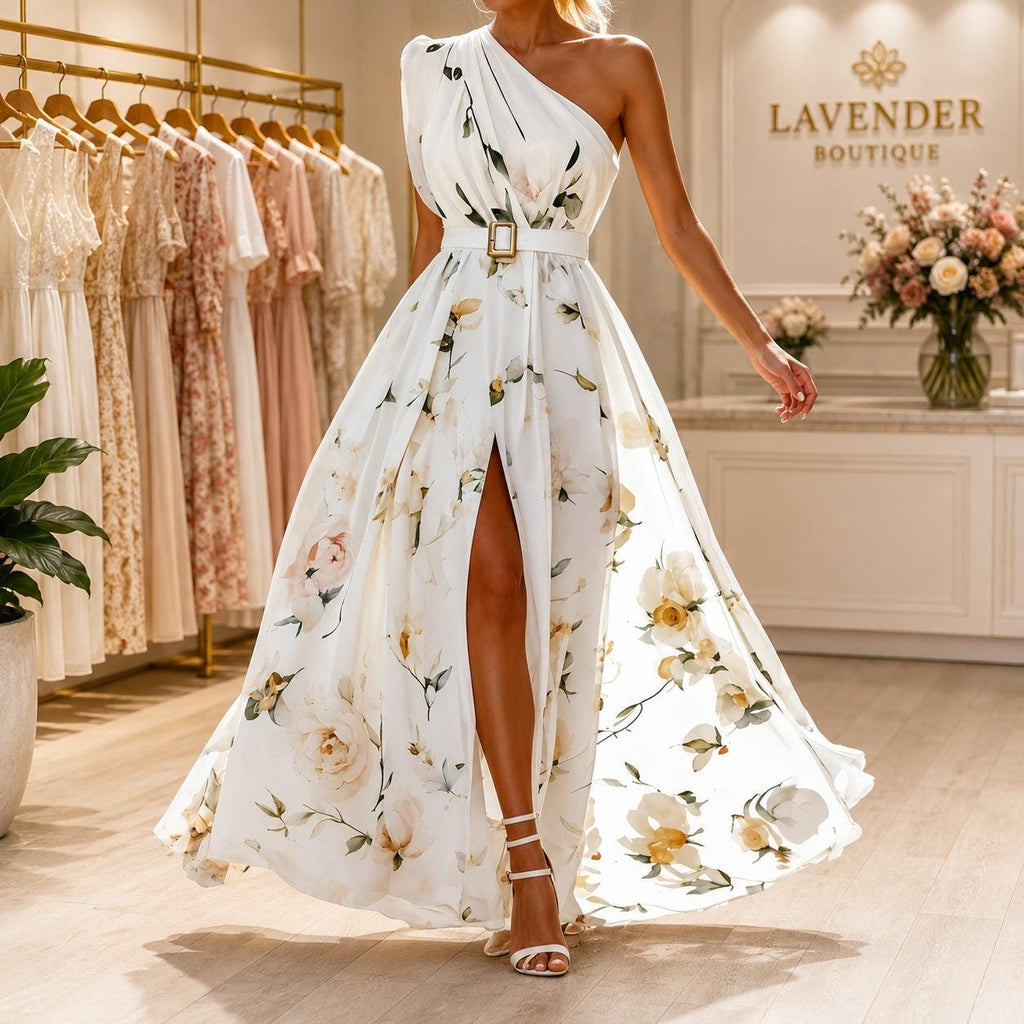 Women One Shoulder Floral Maxi Dress , Summer Wedding Guest, Belted Split Evening Gown, Beach Vacation