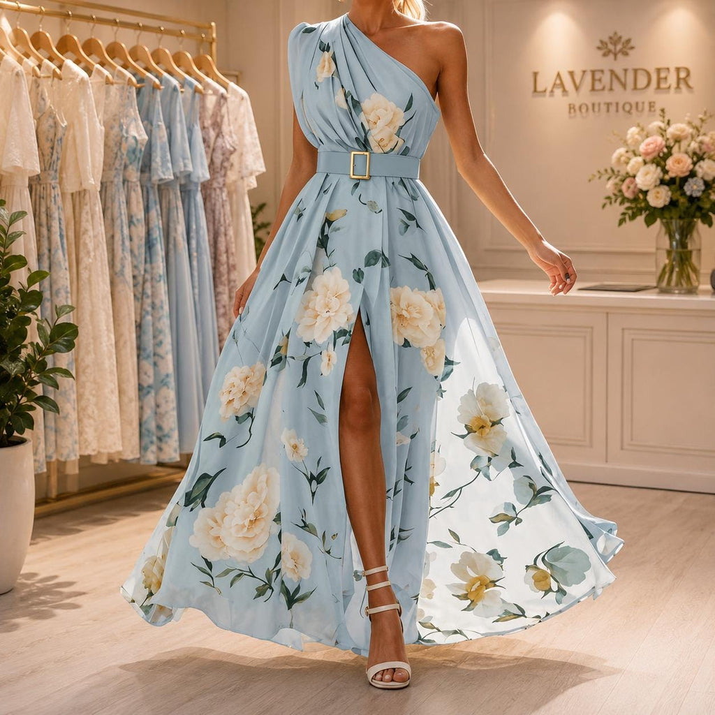 Women One Shoulder Floral Maxi Dress , Summer Wedding Guest, Belted Split Evening Gown, Beach Vacation