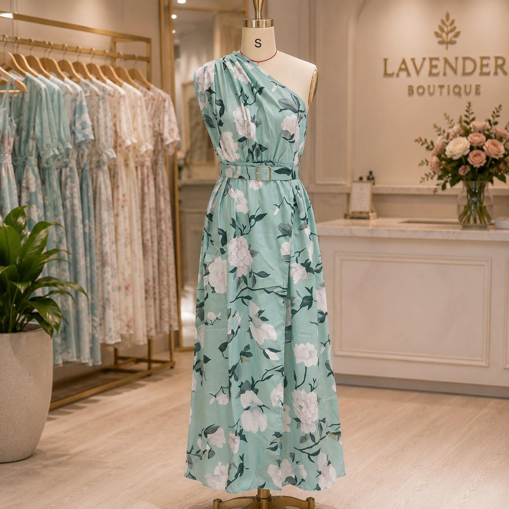 Women One Shoulder Floral Maxi Dress , Summer Wedding Guest, Belted Split Evening Gown, Beach Vacation