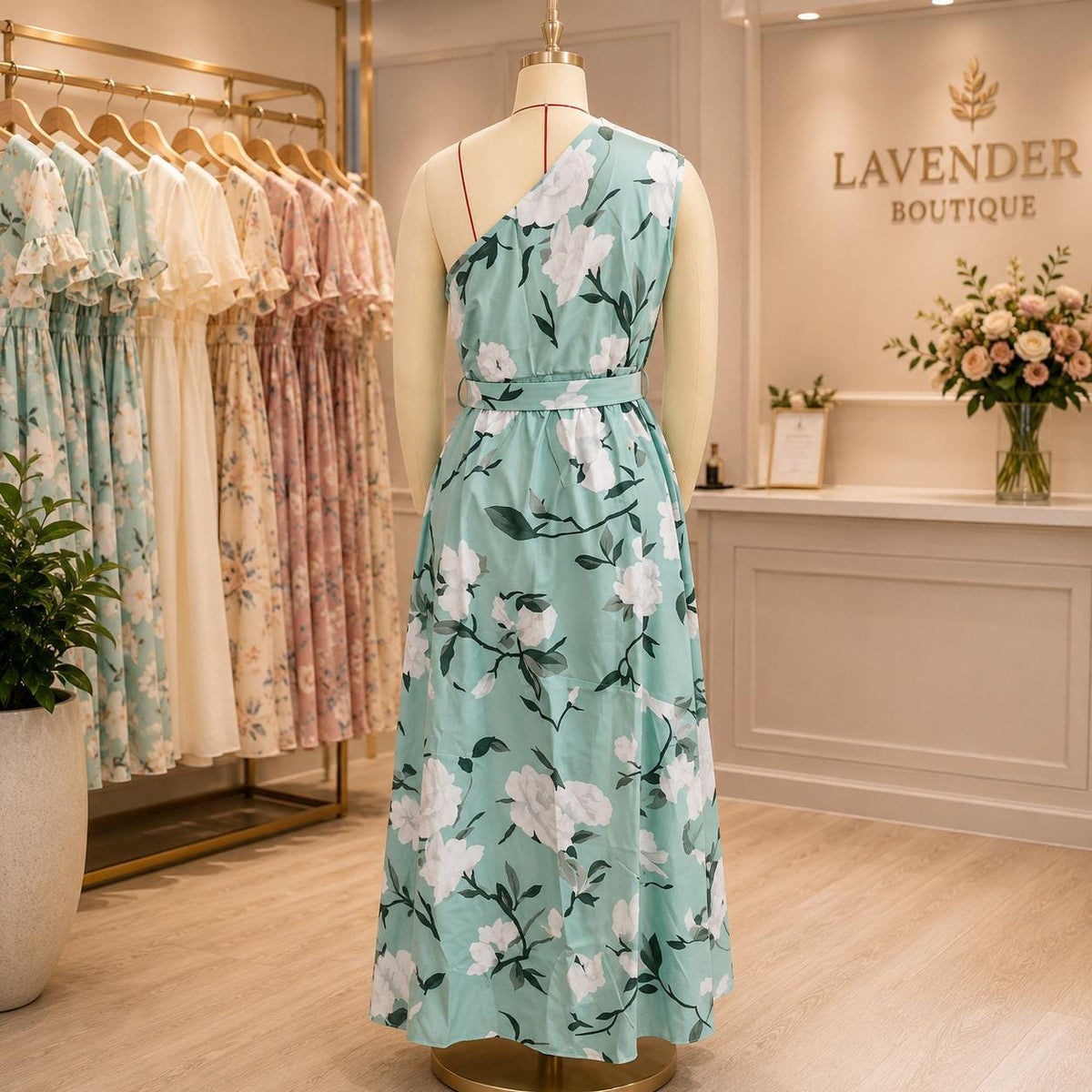 Women One Shoulder Floral Maxi Dress , Summer Wedding Guest, Belted Split Evening Gown, Beach Vacation