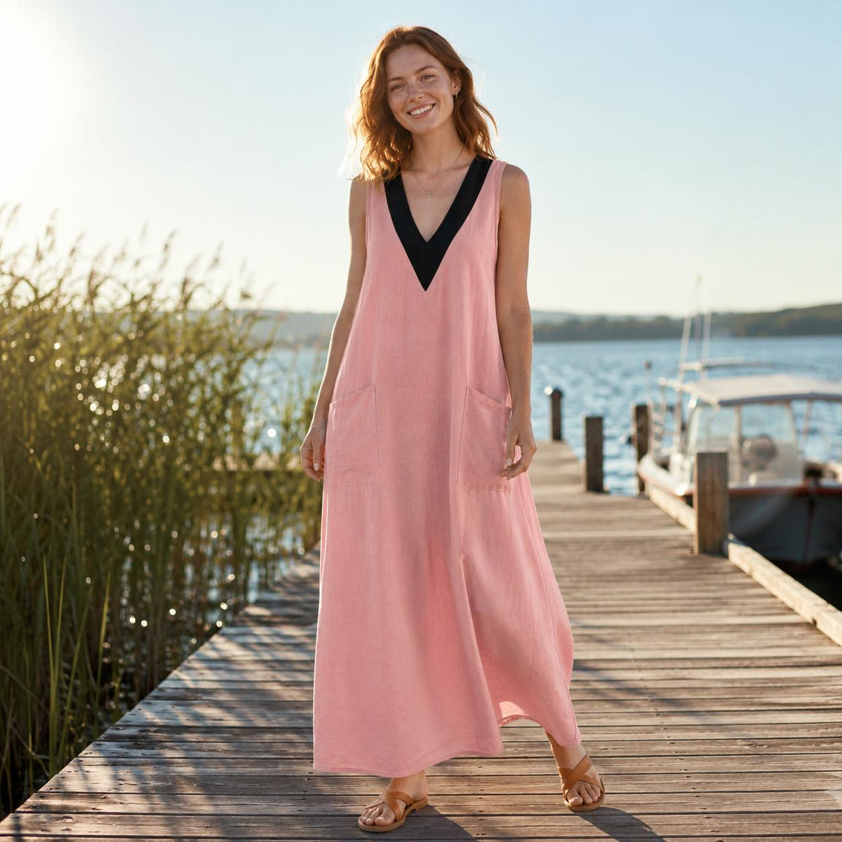 Cotton Linen Maxi Dress, Sleeveless Summer Dress, V Neck Beach Dress, Loose Boho Sundress, Pocket Vacation Dress, Resort Wear Women