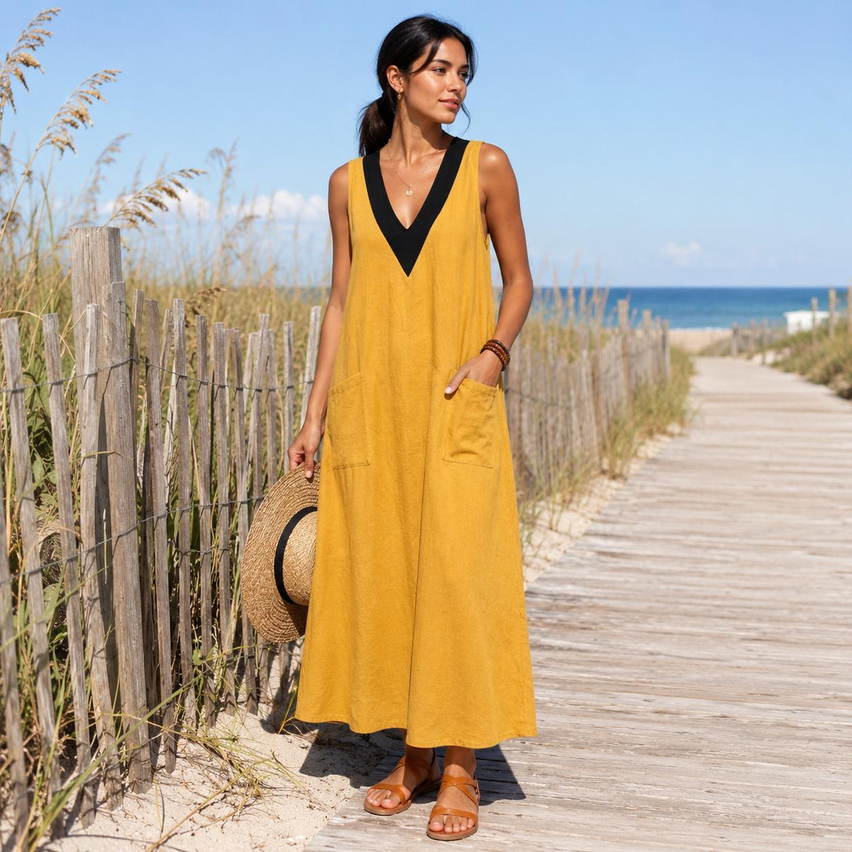 Cotton Linen Maxi Dress, Sleeveless Summer Dress, V Neck Beach Dress, Loose Boho Sundress, Pocket Vacation Dress, Resort Wear Women