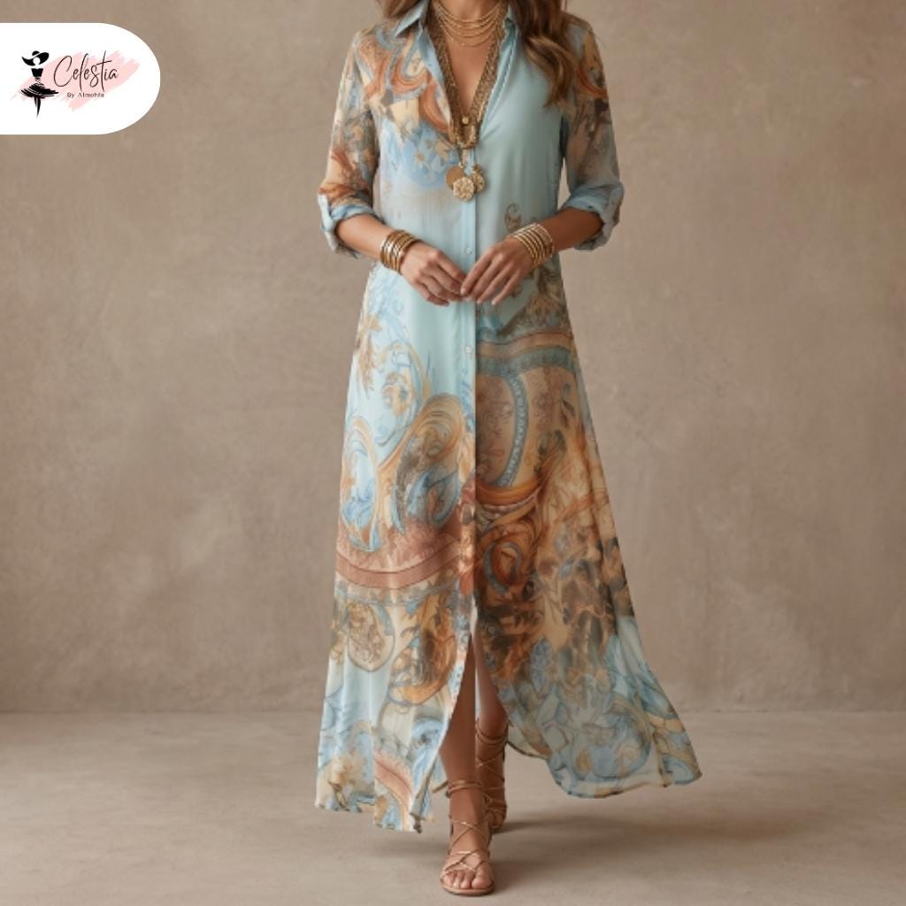 Boho Printed Shirt Dress Women Chiffon Maxi Elegant Casual Button Down Flowy Summer Vacation Beach Resort Dress Long Sleeve