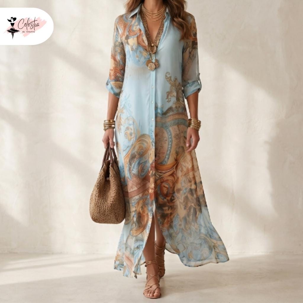Boho Printed Shirt Dress Women Chiffon Maxi Elegant Casual Button Down Flowy Summer Vacation Beach Resort Dress Long Sleeve