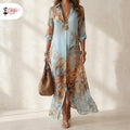 Boho Printed Shirt Dress Women Chiffon Maxi Elegant Casual Button Down Flowy Summer Vacation Beach Resort Dress Long Sleeve