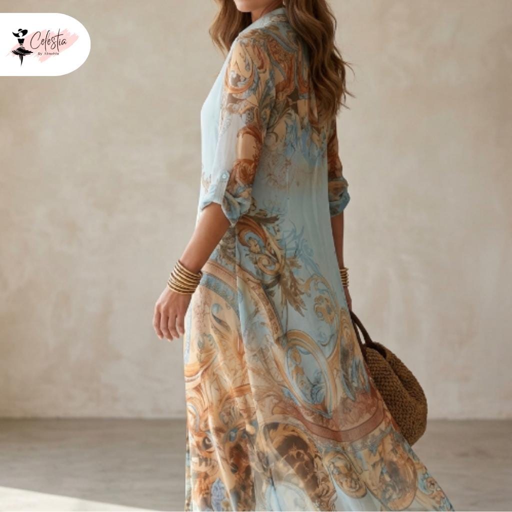 Boho Printed Shirt Dress Women Chiffon Maxi Elegant Casual Button Down Flowy Summer Vacation Beach Resort Dress Long Sleeve