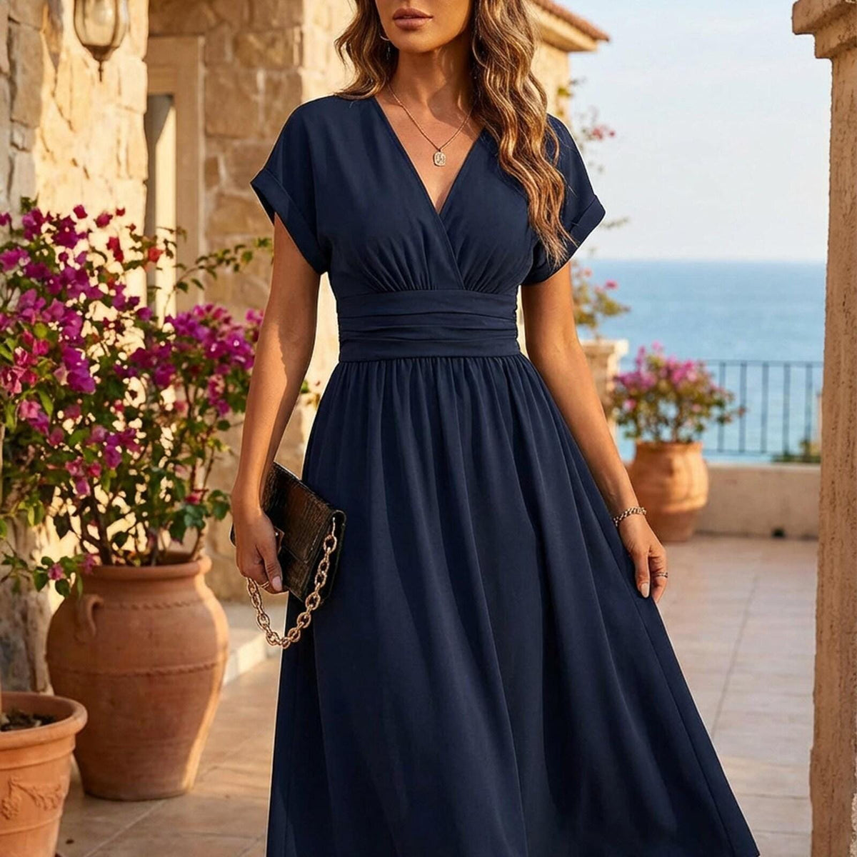 Elegant V-Neck Wrap Midi Dress: Flowy Pleated Waist, Summer Party Gown