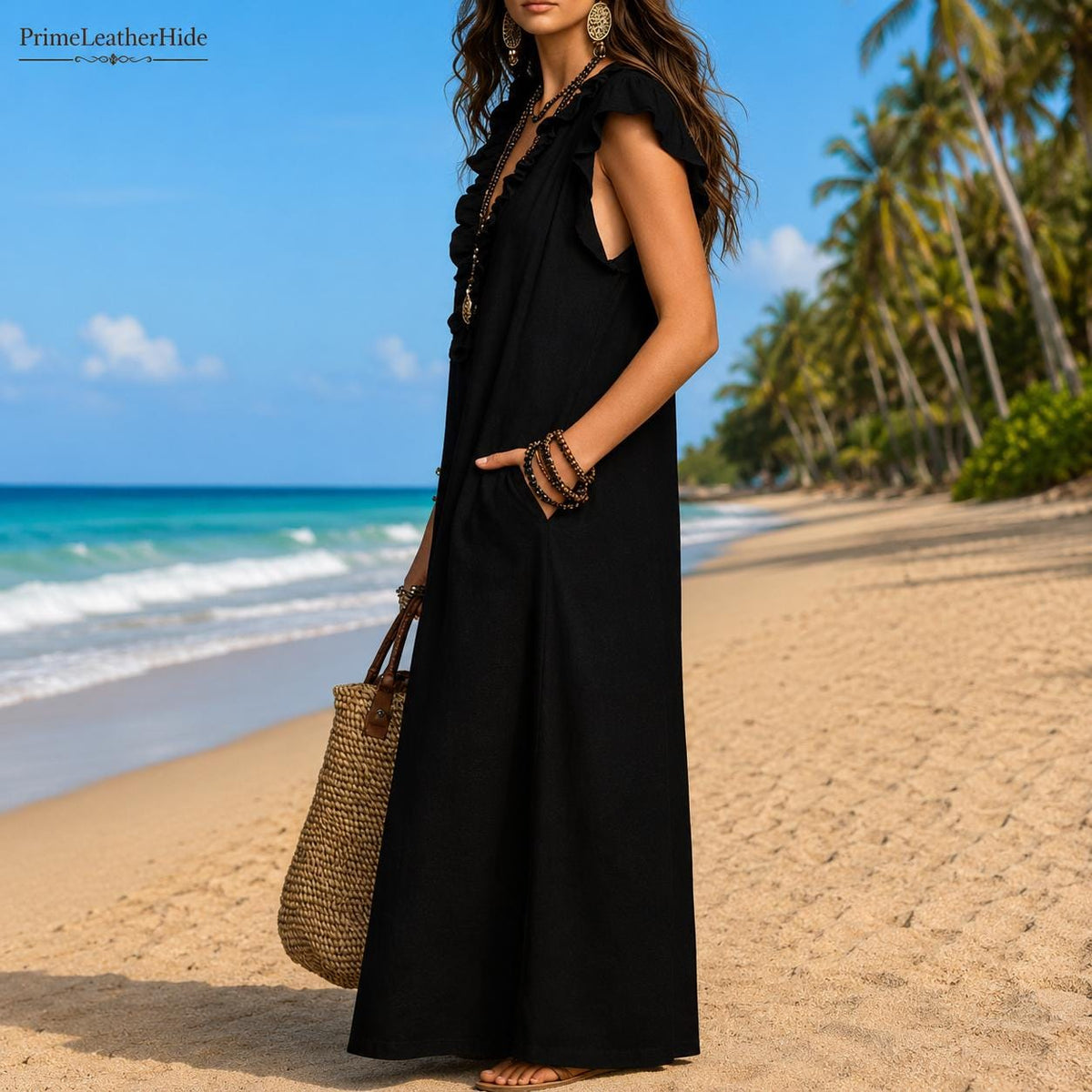 Boho Maxi Shirt Dress V-Neck Loose Fit Beach Kaftan Summer Vacation Casual Flowy Sundress