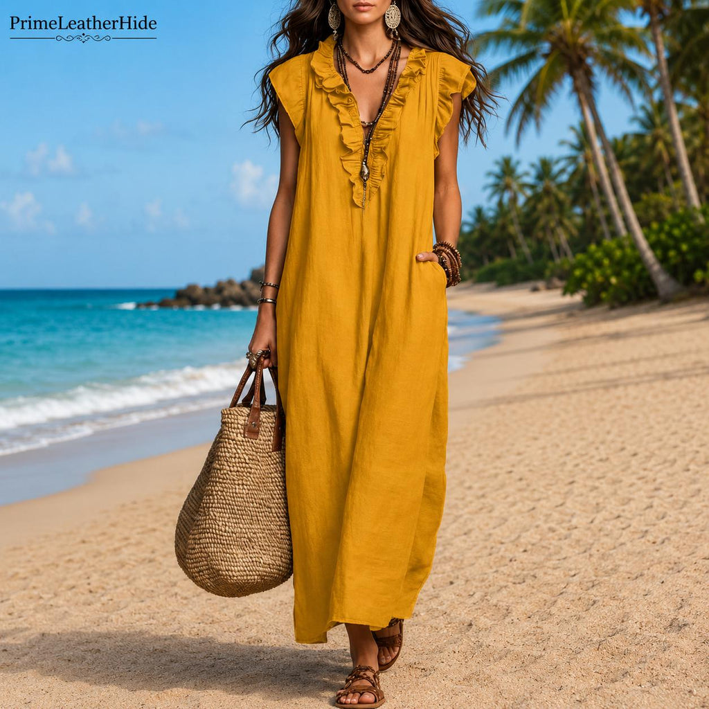 Boho Maxi Shirt Dress V-Neck Loose Fit Beach Kaftan Summer Vacation Casual Flowy Sundress