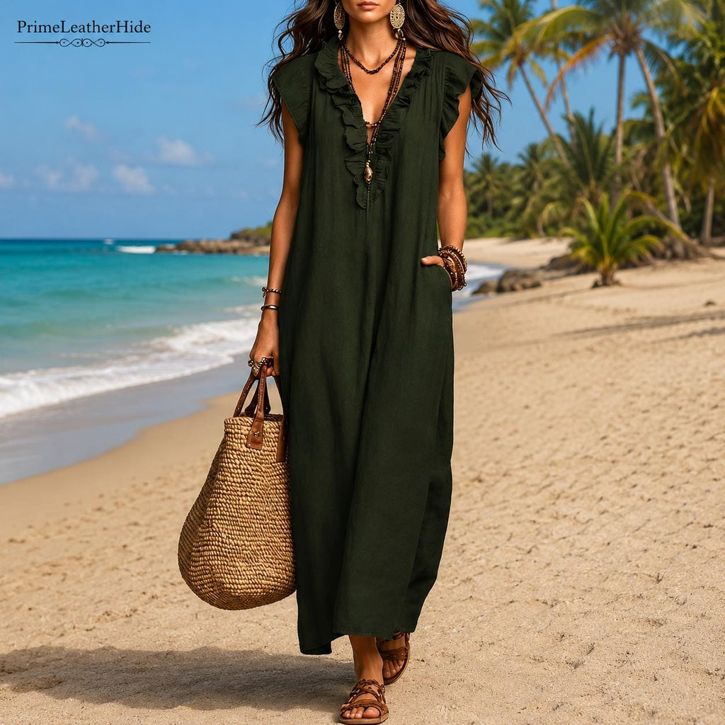 Boho Maxi Shirt Dress V-Neck Loose Fit Beach Kaftan Summer Vacation Casual Flowy Sundress