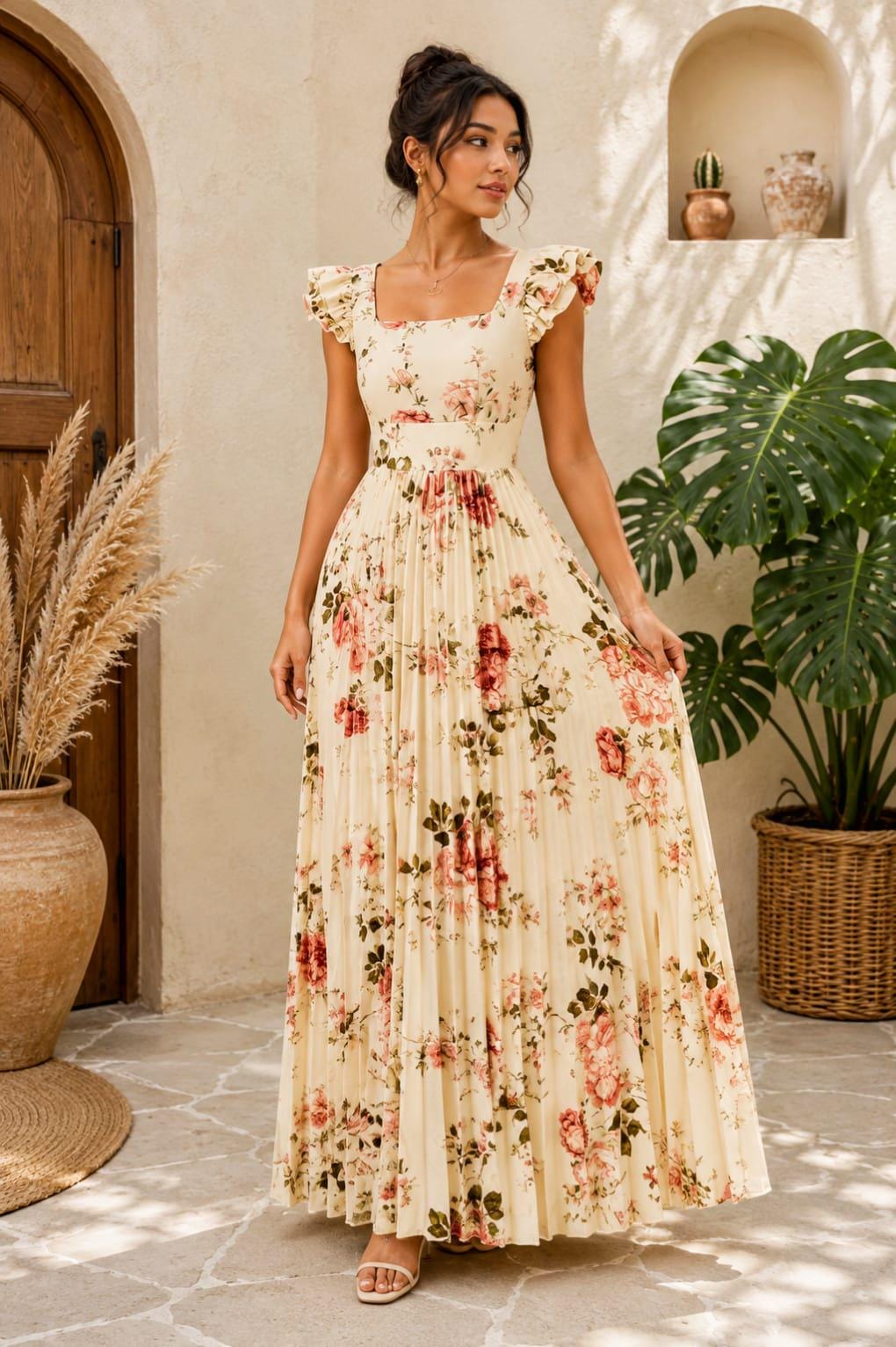 Floral Pleated Maxi Dress, Square Neck Ruffle Sleeve, Beige Garden Party, Summer Boho Dress