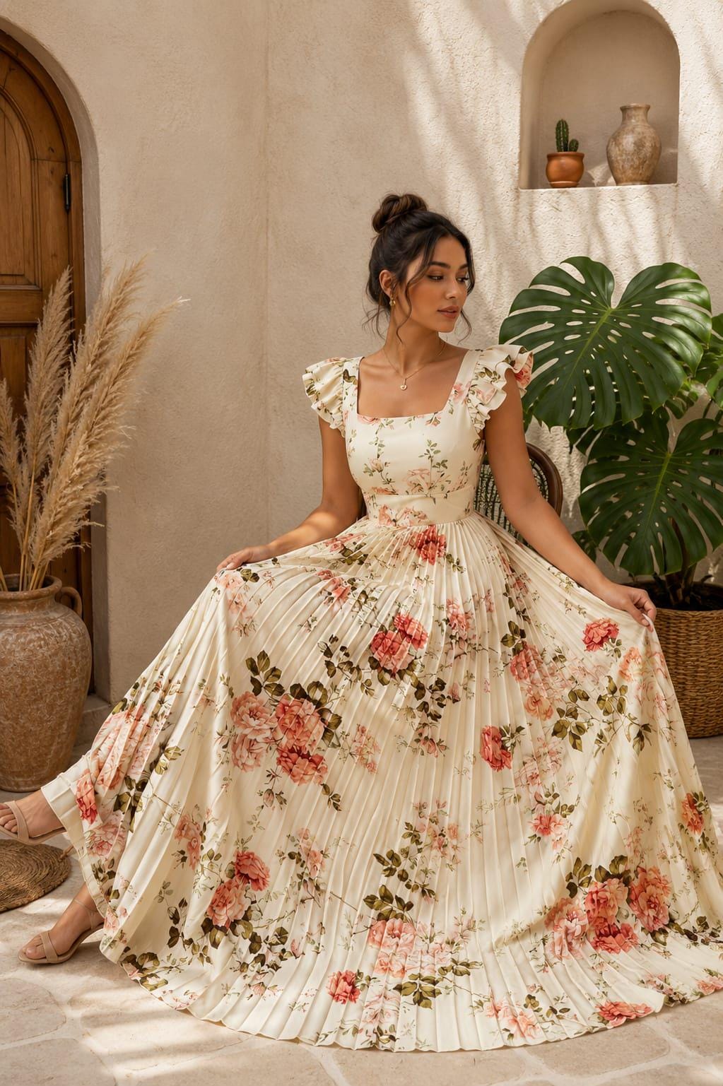 Floral Pleated Maxi Dress, Square Neck Ruffle Sleeve, Beige Garden Party, Summer Boho Dress