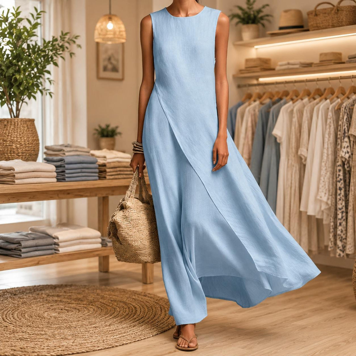 Women's Elegant Sleeveless Linen Maxi Dress, Boho Flowy Summer Beach Vacation Resort Dress
