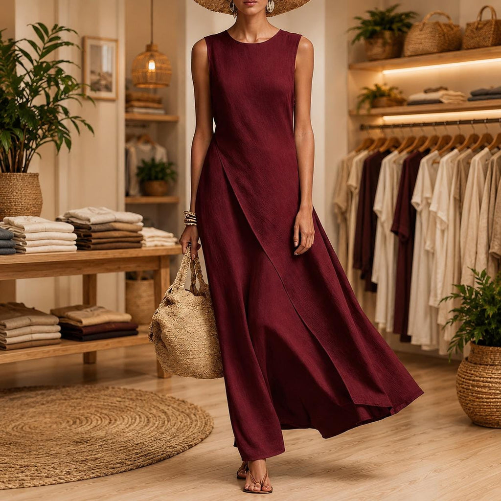 Women's Elegant Sleeveless Linen Maxi Dress, Boho Flowy Summer Beach Vacation Resort Dress