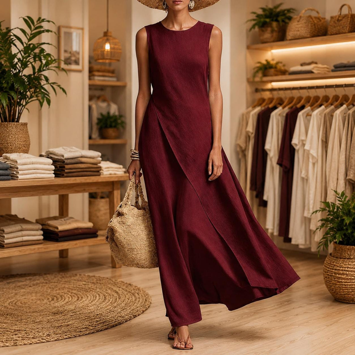 Women's Elegant Sleeveless Linen Maxi Dress, Boho Flowy Summer Beach Vacation Resort Dress