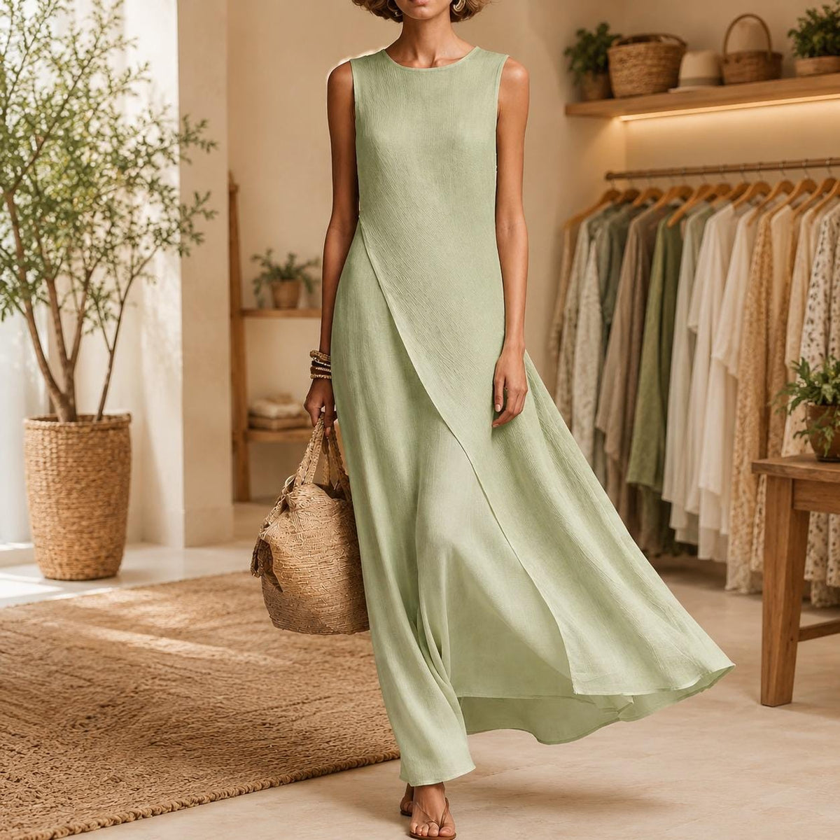 Women's Elegant Sleeveless Linen Maxi Dress, Boho Flowy Summer Beach Vacation Resort Dress