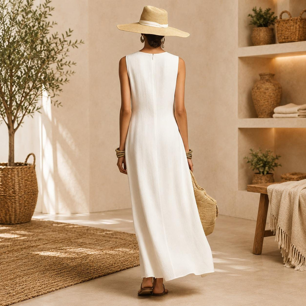 Women's Elegant Sleeveless Linen Maxi Dress, Boho Flowy Summer Beach Vacation Resort Dress