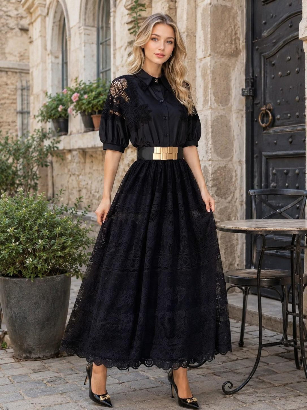 Elegant A Line Maxi Dress Lace Short Sleeve Y2K Streetwear Party Summer Waist Cinched