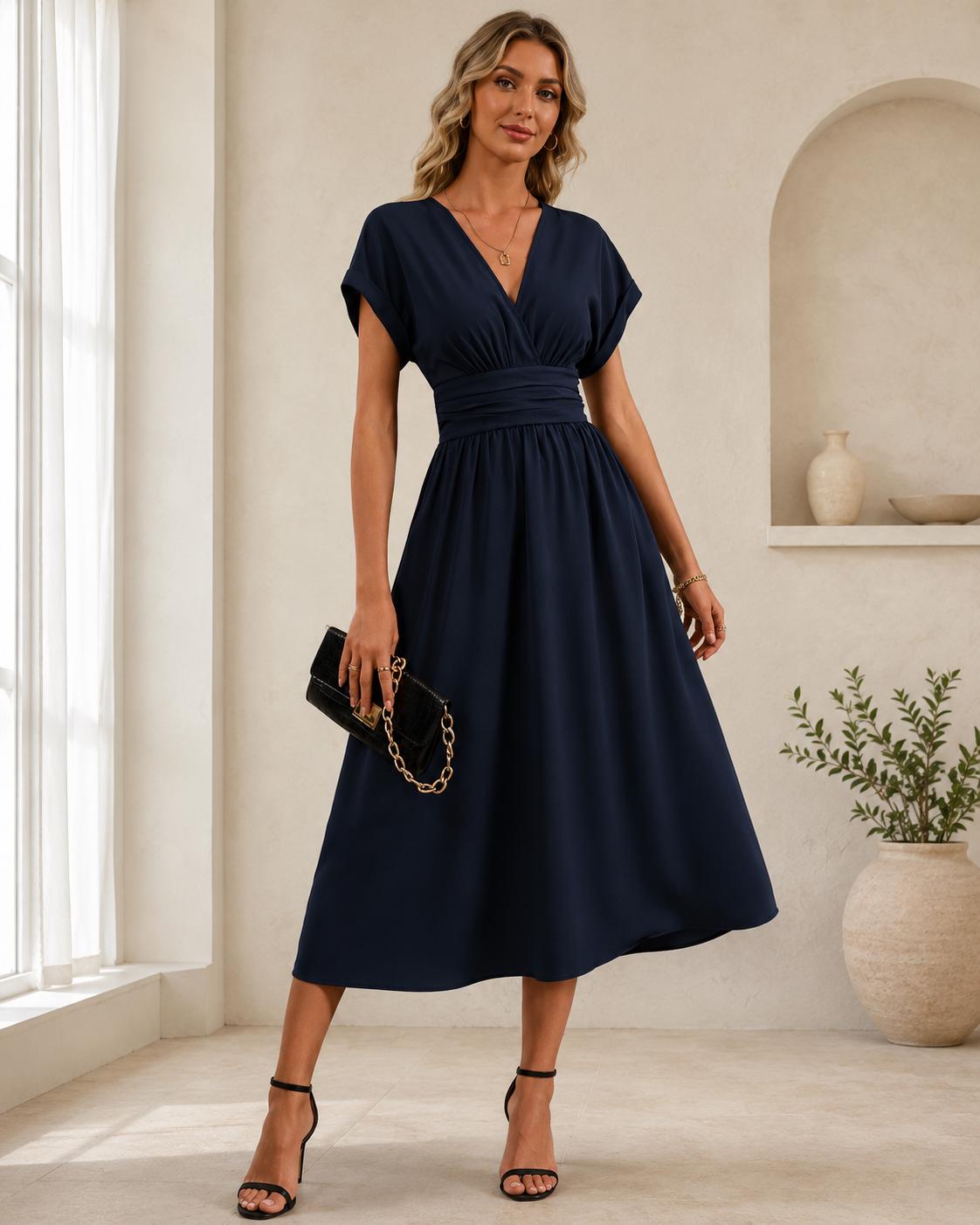 Elegant Navy Midi Dress, Minimalist Wedding Guest Dress, V Neck A Line Dress, Classic Feminine Cocktail Dress, Timeless Evening Dress
