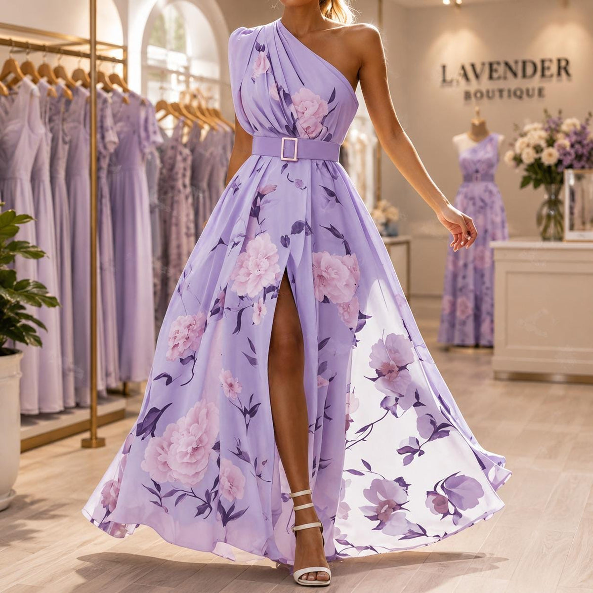 Women One Shoulder Floral Maxi Dress , Summer Wedding Guest, Belted Split Evening Gown, Beach Vacation