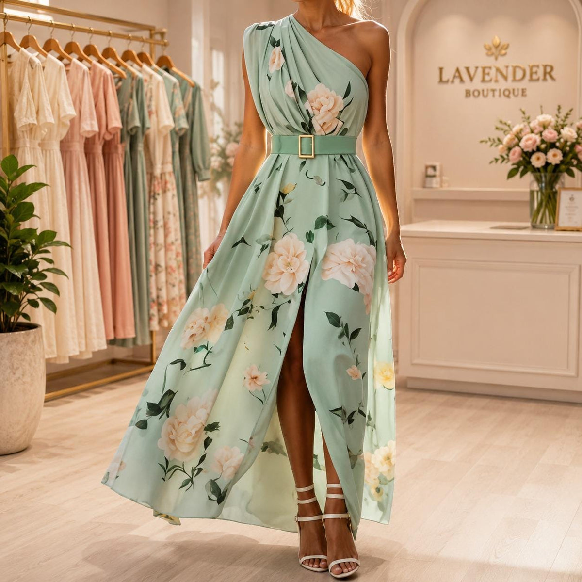 Women One Shoulder Floral Maxi Dress , Summer Wedding Guest, Belted Split Evening Gown, Beach Vacation