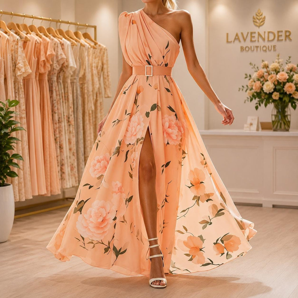 Women One Shoulder Floral Maxi Dress , Summer Wedding Guest, Belted Split Evening Gown, Beach Vacation