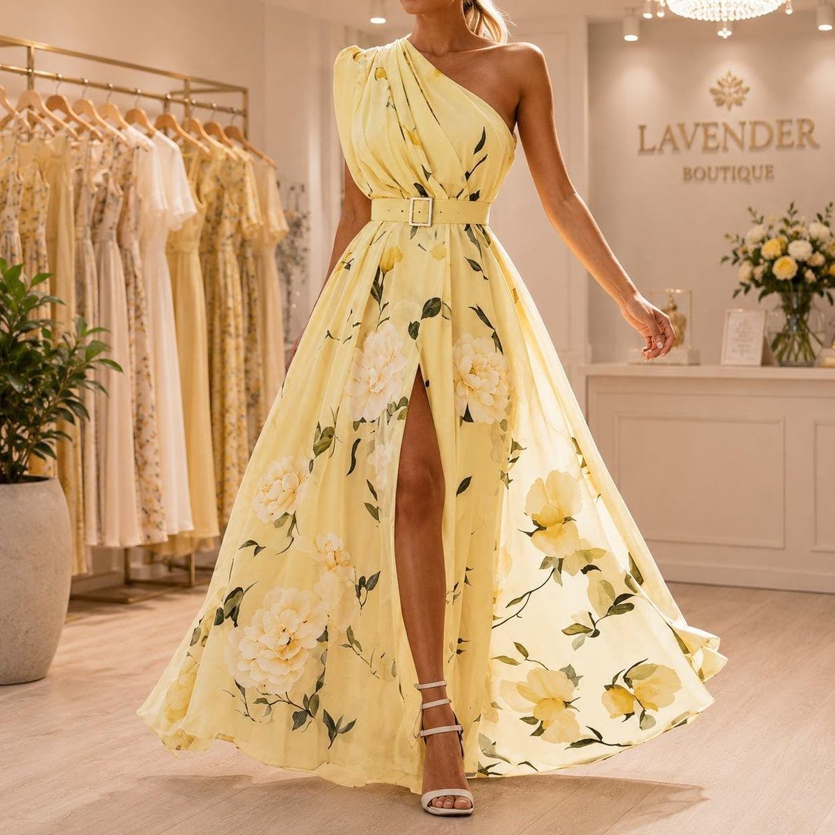 Women One Shoulder Floral Maxi Dress , Summer Wedding Guest, Belted Split Evening Gown, Beach Vacation