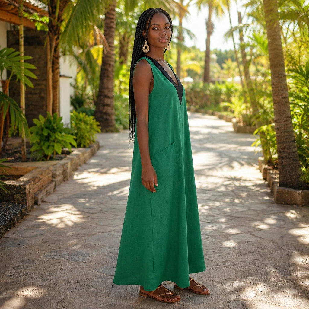 Cotton Linen Maxi Dress, Sleeveless Summer Dress, V Neck Beach Dress, Loose Boho Sundress, Pocket Vacation Dress, Resort Wear Women
