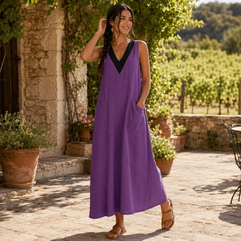 Cotton Linen Maxi Dress, Sleeveless Summer Dress, V Neck Beach Dress, Loose Boho Sundress, Pocket Vacation Dress, Resort Wear Women