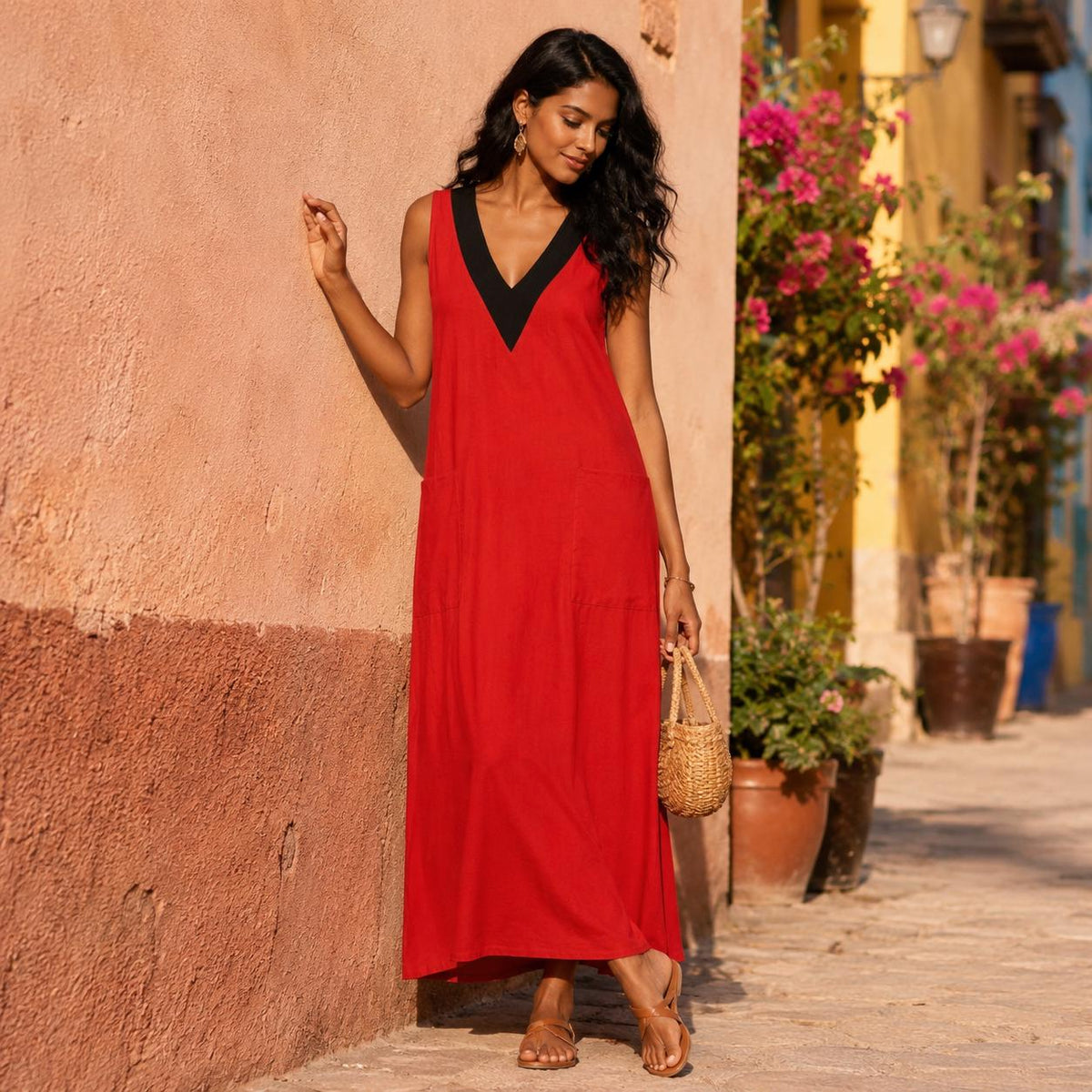 Cotton Linen Maxi Dress, Sleeveless Summer Dress, V Neck Beach Dress, Loose Boho Sundress, Pocket Vacation Dress, Resort Wear Women