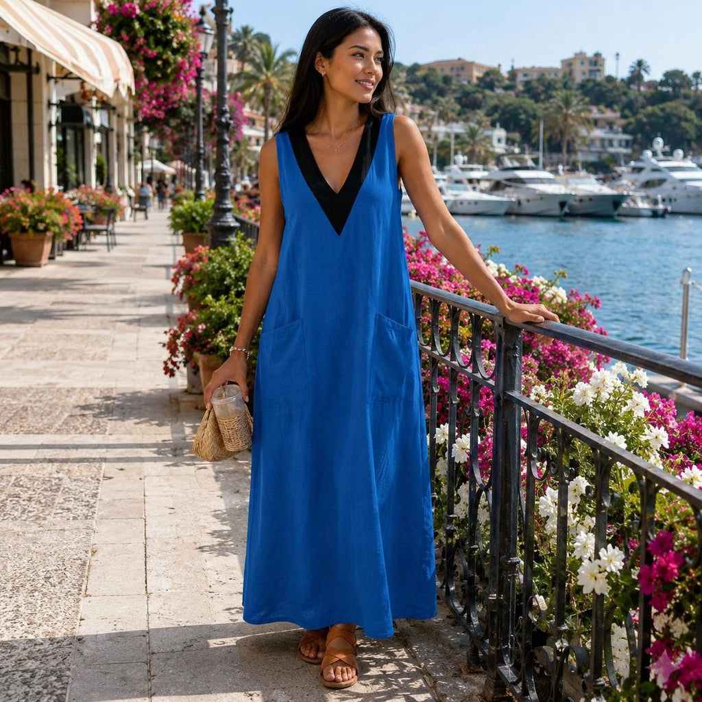Cotton Linen Maxi Dress, Sleeveless Summer Dress, V Neck Beach Dress, Loose Boho Sundress, Pocket Vacation Dress, Resort Wear Women