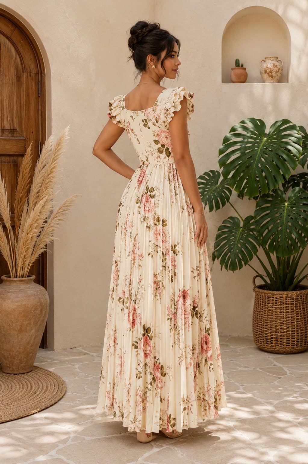Floral Pleated Maxi Dress, Square Neck Ruffle Sleeve, Beige Garden Party, Summer Boho Dress