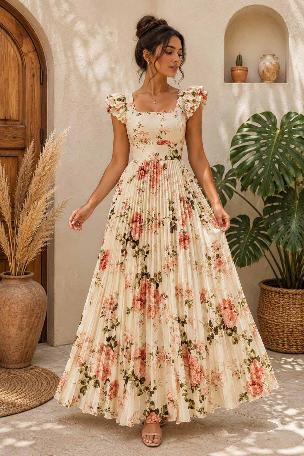 Floral Pleated Maxi Dress, Square Neck Ruffle Sleeve, Beige Garden Party, Summer Boho Dress