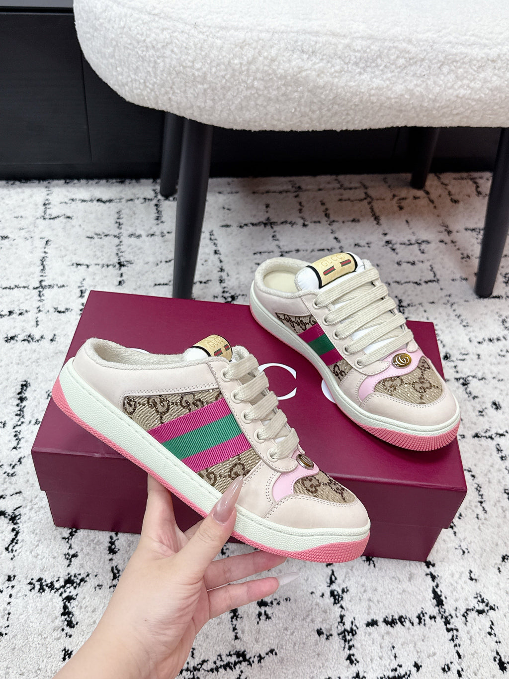 GG Screener Sneaker White Pink Mesh Leather 769553