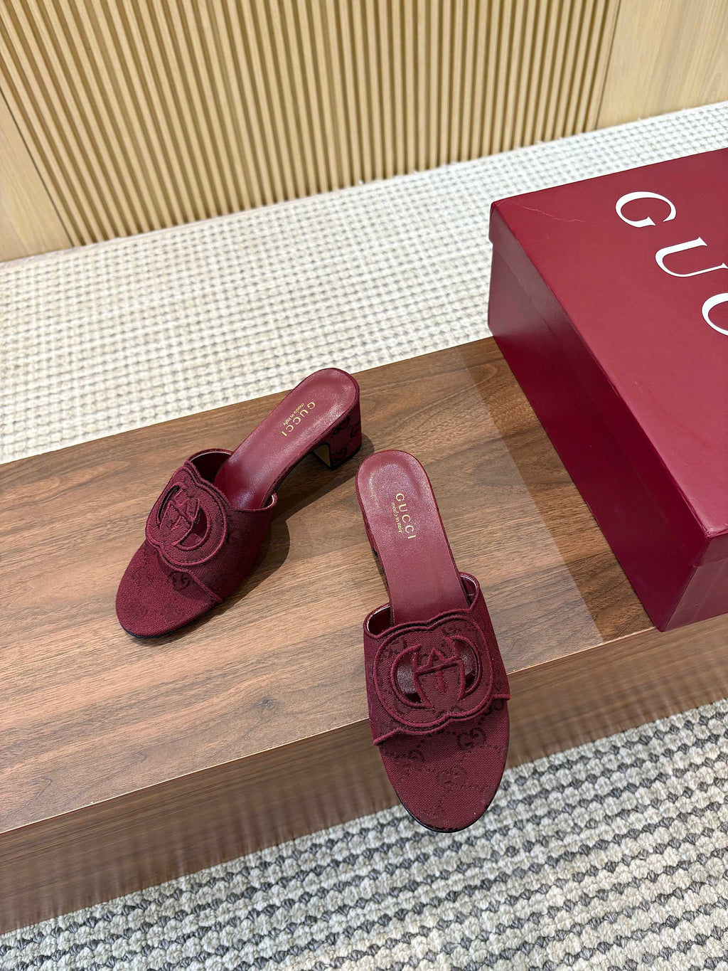GG Interlocking G Cutout Sandals 5.5cm Burgundy Canvas 646506
