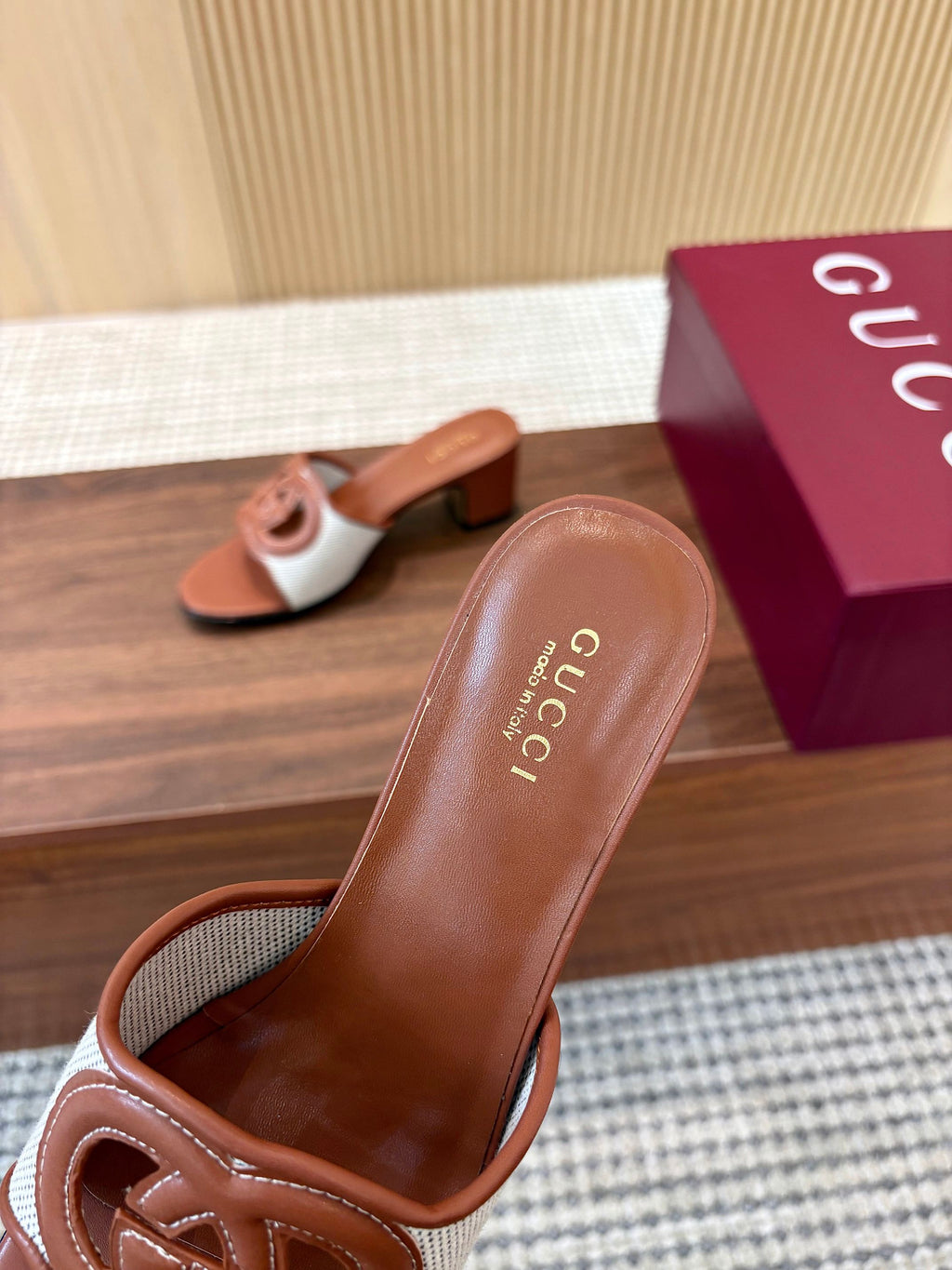 GG Interlocking G Cutout Sandals 5.5cm Brown Sheepskin Mesh 646494