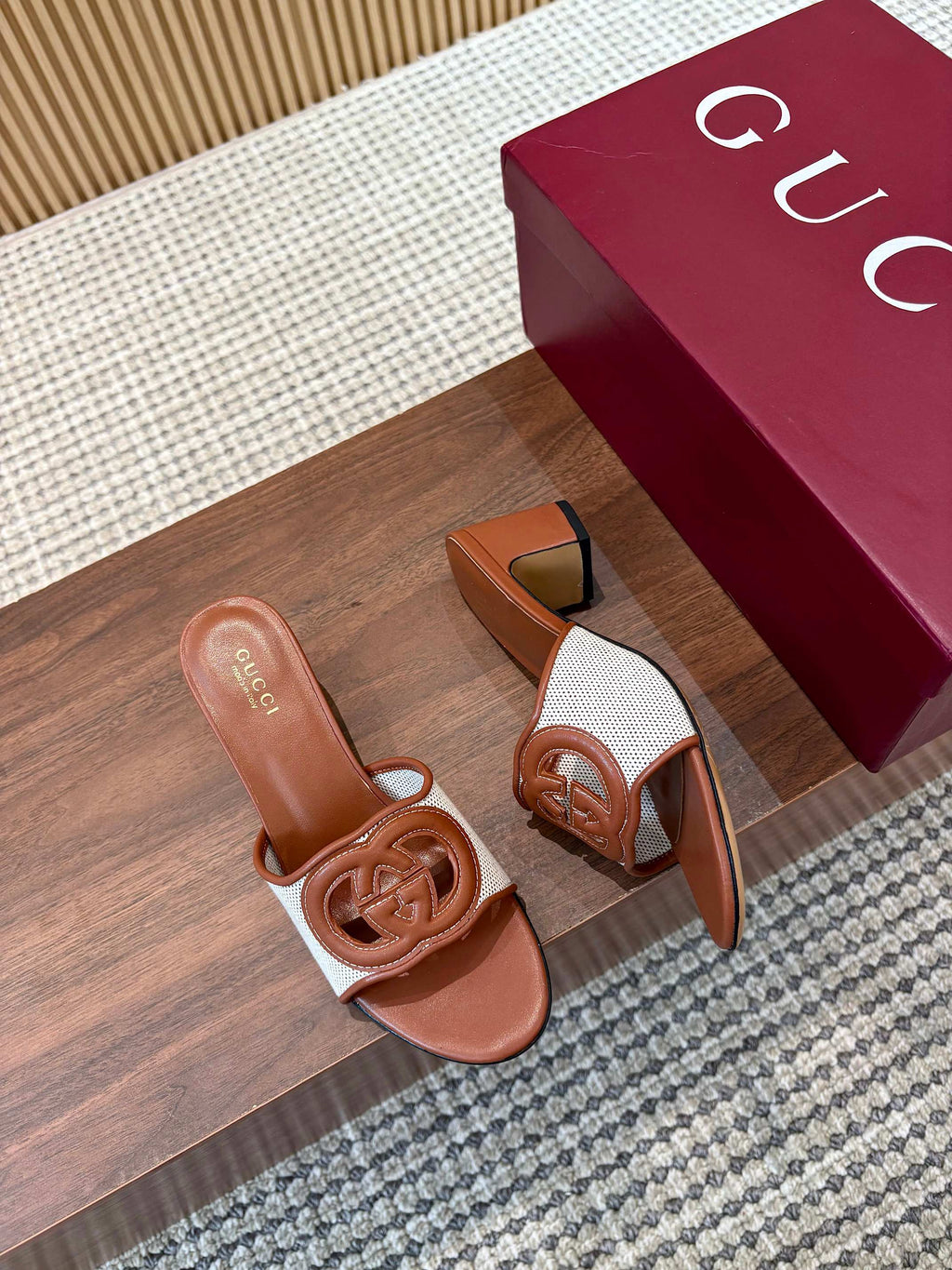GG Interlocking G Cutout Sandals 5.5cm Brown Sheepskin Mesh 646494