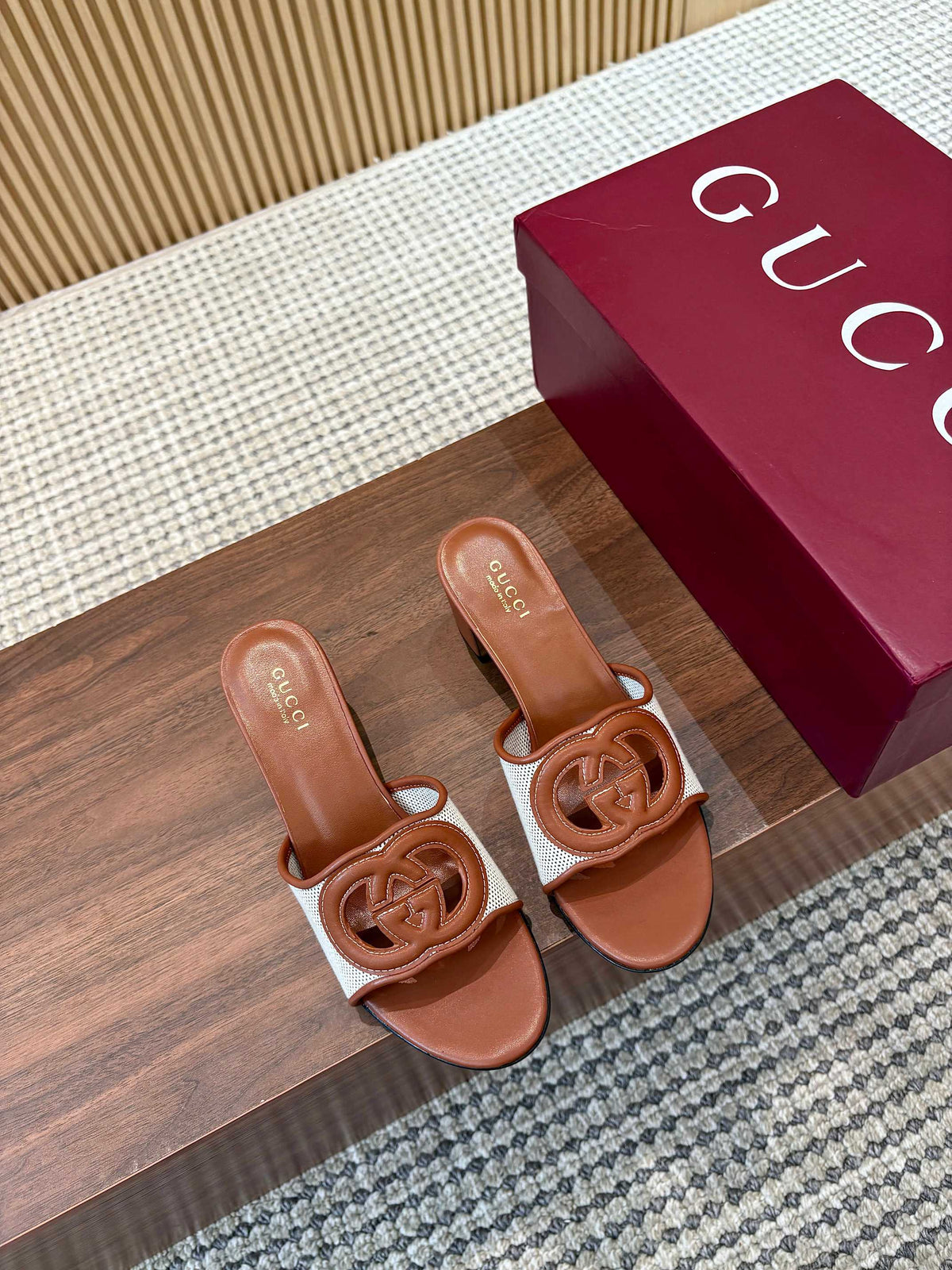 GG Interlocking G Cutout Sandals 5.5cm Brown Sheepskin Mesh 646494