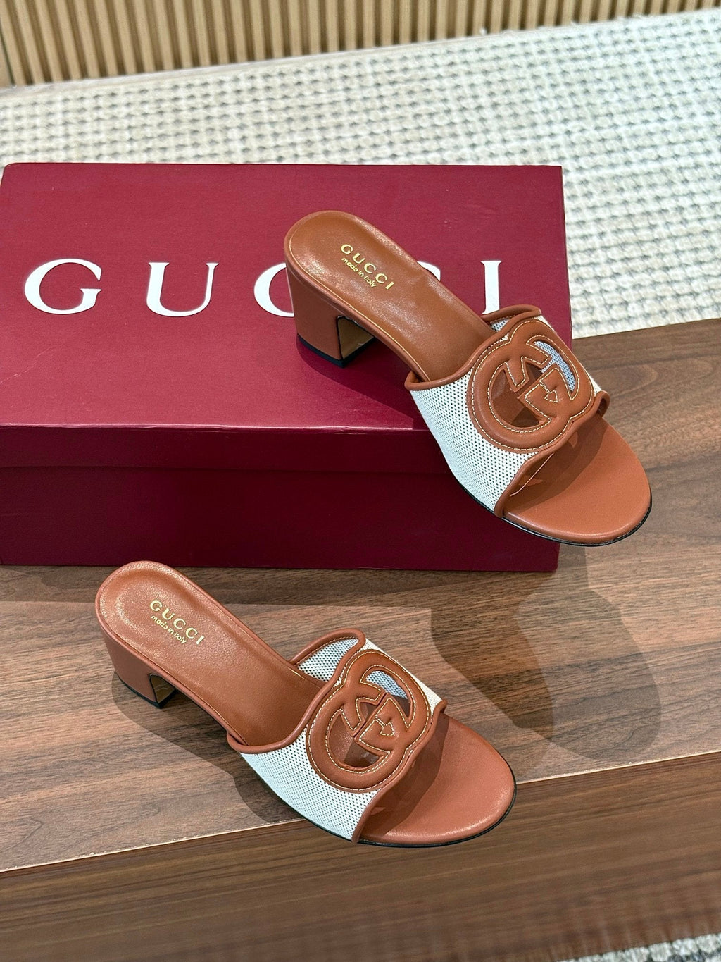 GG Interlocking G Cutout Sandals 5.5cm Brown Sheepskin Mesh 646494