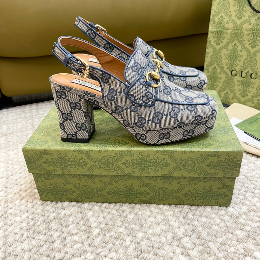 GG HIGH - HEEL SLINGBACK WITH HORSEBIT LIGHT GRAY CALFSKIN
