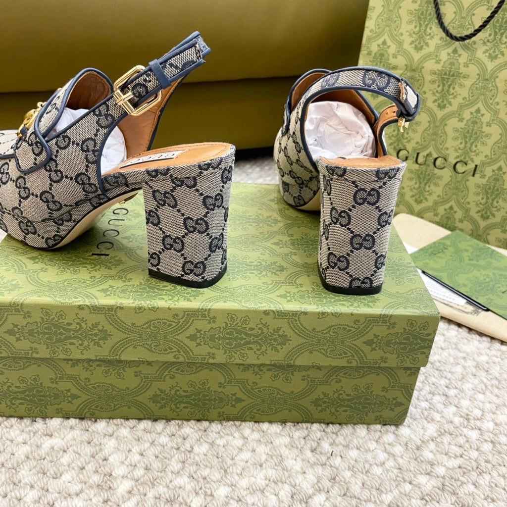 GG HIGH - HEEL SLINGBACK WITH HORSEBIT LIGHT GRAY CALFSKIN