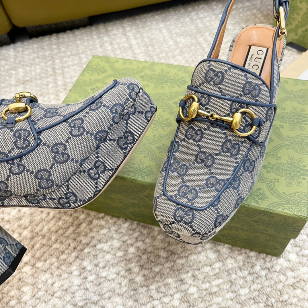 GG HIGH - HEEL SLINGBACK WITH HORSEBIT LIGHT GRAY CALFSKIN
