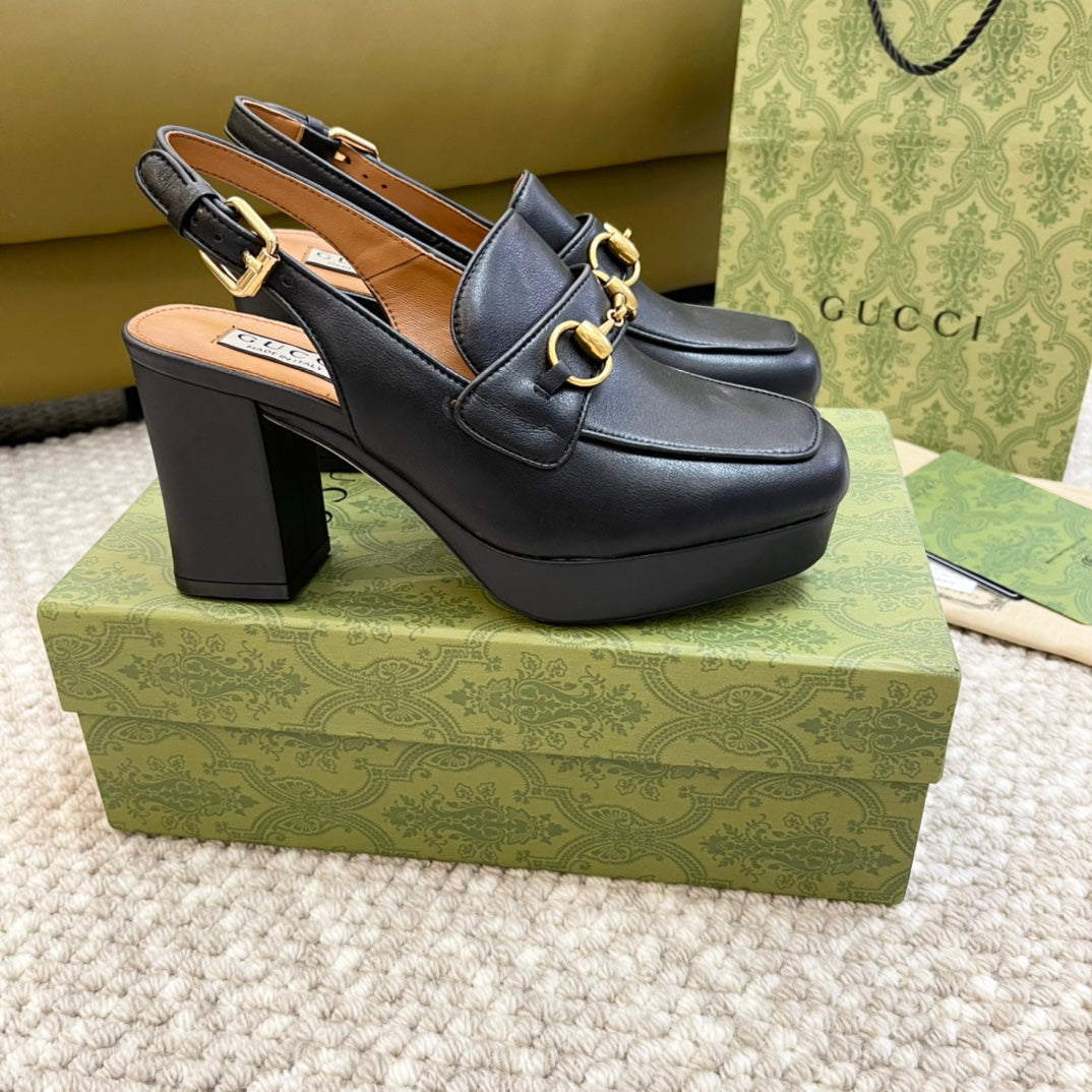 GG HIGH - HEEL SLINGBACK WITH HORSEBIT BLACK CALFSKIN