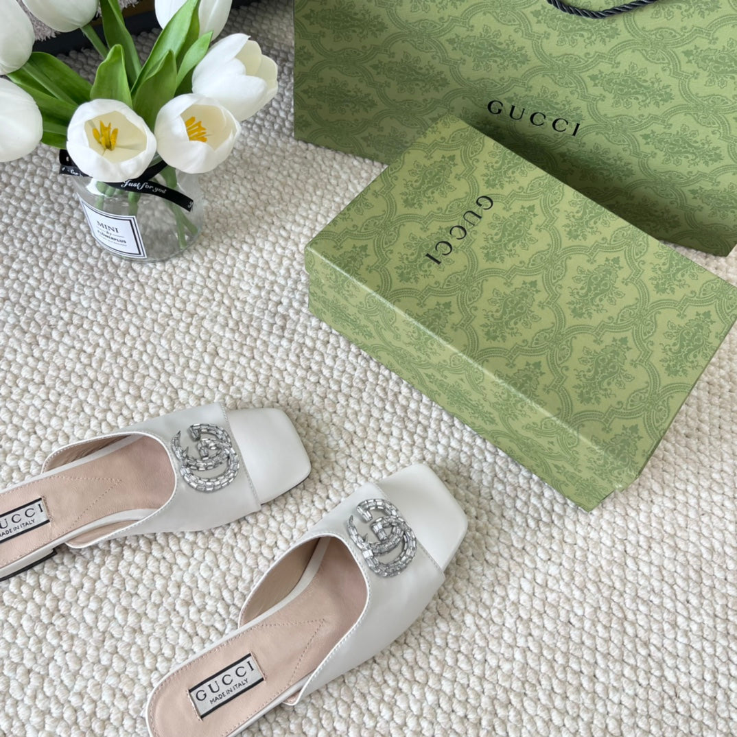 GG CRYSTAL SLIDES SANDAL WHITE CALFSKIN