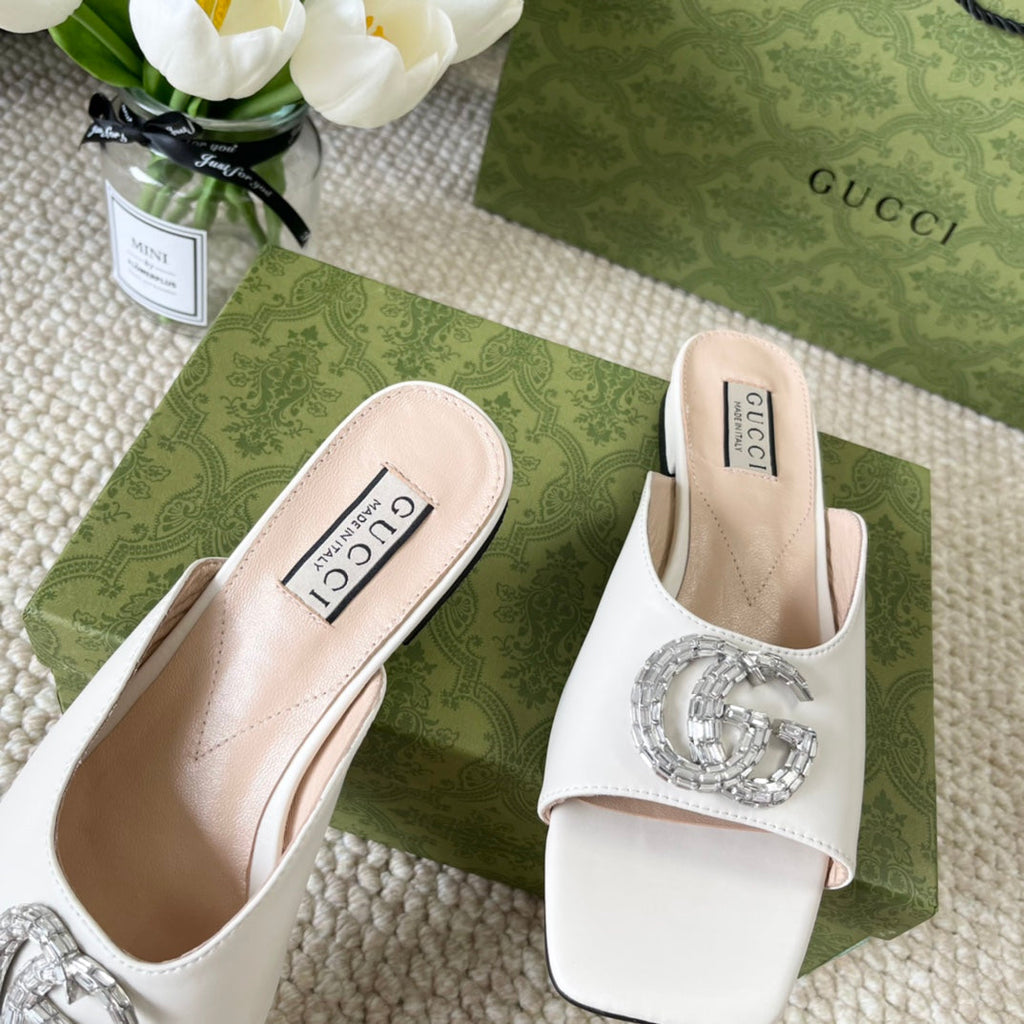 GG CRYSTAL SLIDES SANDAL WHITE CALFSKIN