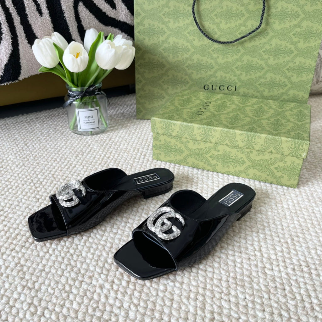 GG CRYSTAL SLIDES SANDAL BLACK CALFSKIN