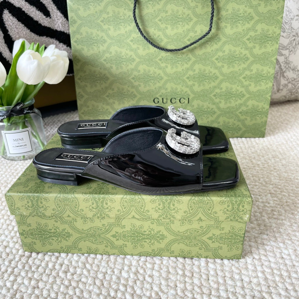 GG CRYSTAL SLIDES SANDAL BLACK CALFSKIN